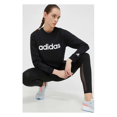 Bavlněná mikina adidas dámská, černá barva, s potiskem, IC6878