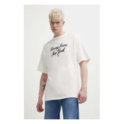 Bavlněné tričko Tommy Jeans béžová barva, s aplikací, DM0DM18579