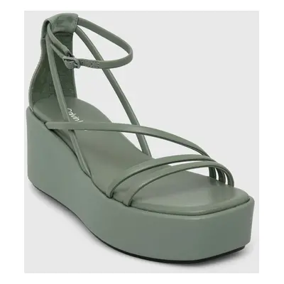 Kožené sandály Calvin Klein WEDGE SANDAL 30 LTH dámské, zelená barva, na platformě, HW0HW01949