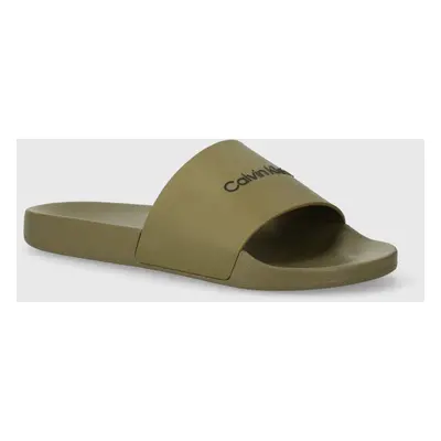 Pantofle Calvin Klein POOL SLIDE RUBBER pánské, zelená barva, HM0HM00455