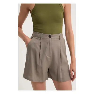 Lněné šortky Answear Lab šedá barva, high waist