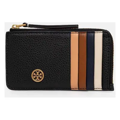 Kožené pouzdro na karty Tory Burch Robinson Pebbled černá barva, 146012