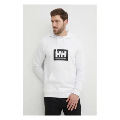 Bavlněná mikina Helly Hansen bílá barva, s kapucí, s potiskem, 53289