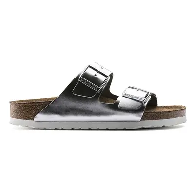 Kožené pantofle Birkenstock Arizona dámské, stříbrná barva