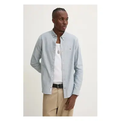 Bavlněná košile Tommy Jeans zelená barva, regular, s límečkem button-down