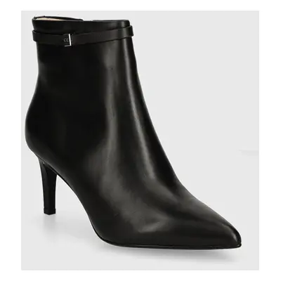 Kožené kotníkové boty Calvin Klein HEEL ANKLE BOOT 70 W/HW LTH dámské, černá barva, na podpatku,