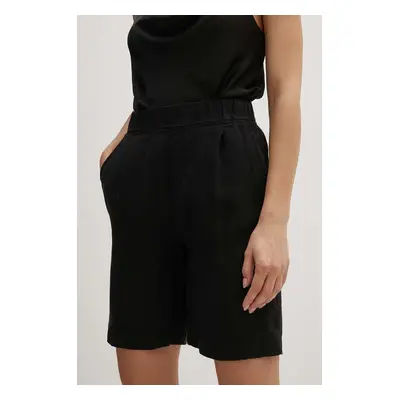 Lněné kraťasy Sisley černá barva, hladké, high waist, 41I4L901F