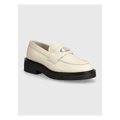 Kožené mokasíny Tommy Jeans TJW FLAT LOAFER dámské, béžová barva, na plochém podpatku, EN0EN0255