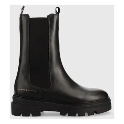 Kožené kotníkové boty Tommy Hilfiger Monochromatic Chelsea Boot dámské, černá barva, na plochém 