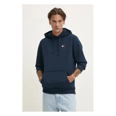 Bavlněná mikina Tommy Jeans pánská, tmavomodrá barva, s kapucí, hladká, DM0DM17988