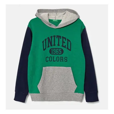 Dětská bavlněná mikina United Colors of Benetton zelená barva, s kapucí, vzorovaná, 3J68C203N