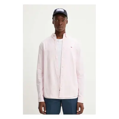 Bavlněná košile Tommy Jeans růžová barva, regular, s límečkem button-down