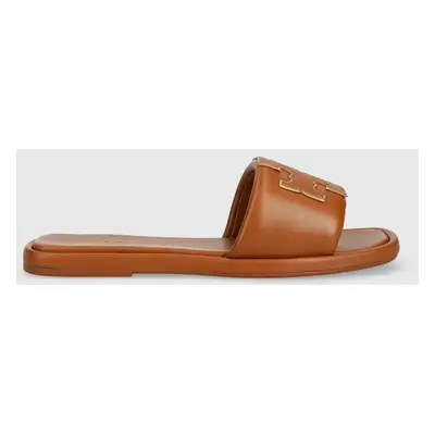 Kožené pantofle Tory Burch Double T Sport Slide dámské, hnědá barva, 79985-202