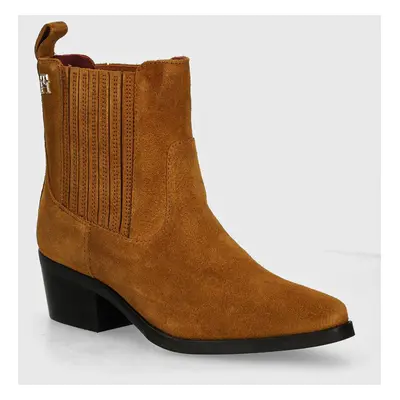 Semišové kotníkové boty Tommy Hilfiger TH SUEDE COWBOY BOOT dámské, hnědá barva, na podpatku, FW