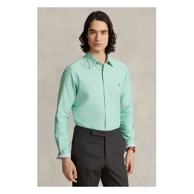 Bavlněná košile Polo Ralph Lauren zelená barva, slim, s límečkem button-down, 710852742