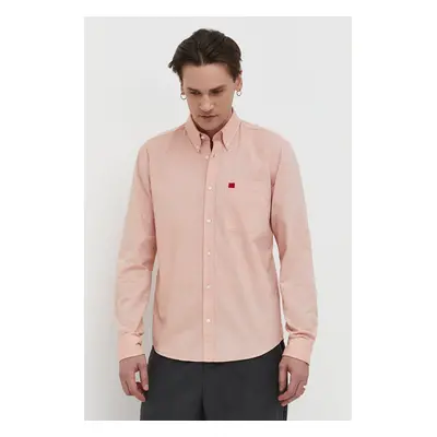 Bavlněná košile HUGO oranžová barva, slim, s límečkem button-down, 50479302