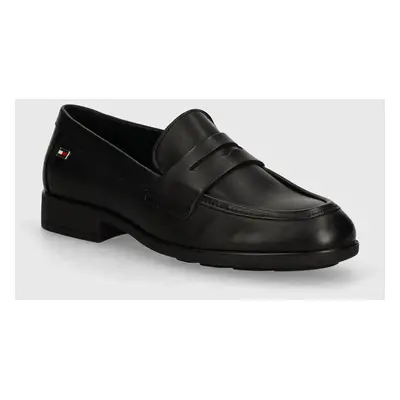 Kožené mokasíny Tommy Hilfiger FLAG LEATHER CLASSIC LOAFER dámské, černá barva, na plochém podpa