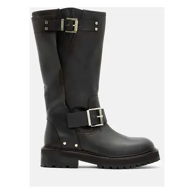 Kožené kozačky AllSaints Tay Biker Boot dámské, černá barva, na plochém podpatku, W026FA