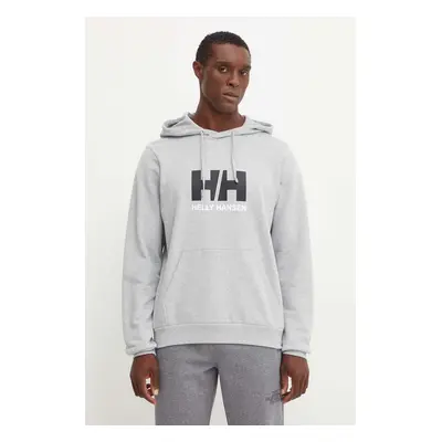 Bavlněná mikina Helly Hansen HH LOGO pánská, šedá barva, s kapucí, s potiskem, 30394