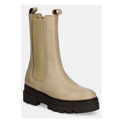 Kožené kotníkové boty Tommy Hilfiger MONOCHROMATIC CHELSEA BOOT dámské, béžová barva, na plochém