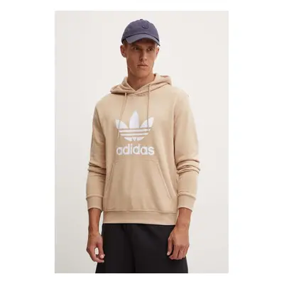 Bavlněná mikina adidas Originals pánská, béžová barva, s kapucí, s potiskem, IZ2359