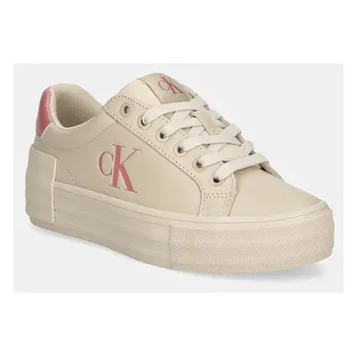 Kožené sneakers boty Calvin Klein Jeans VULC FLATFORM LOW MG LTH béžová barva, YW0YW01613