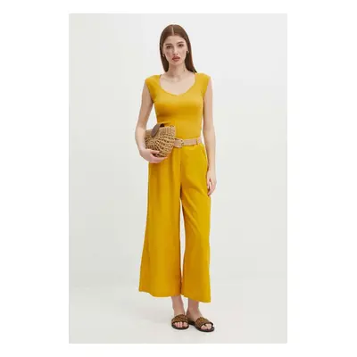 Lněné kalhoty Medicine dámské, žlutá barva, střih culottes, high waist