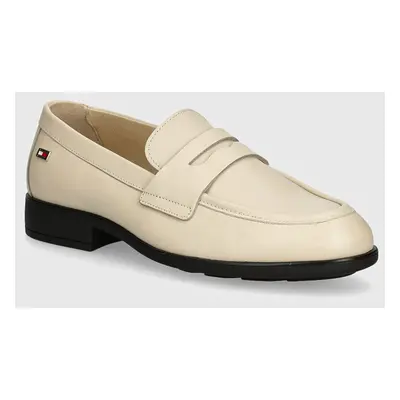 Kožené mokasíny Tommy Hilfiger FLAG LEATHER CLASSIC LOAFER dámské, béžová barva, na plochém podp