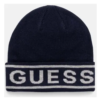 Čepice z vlněné směsi Guess LOGO BEANIE tmavomodrá barva, z tenké pleteniny, M4BZ06.Z3H82