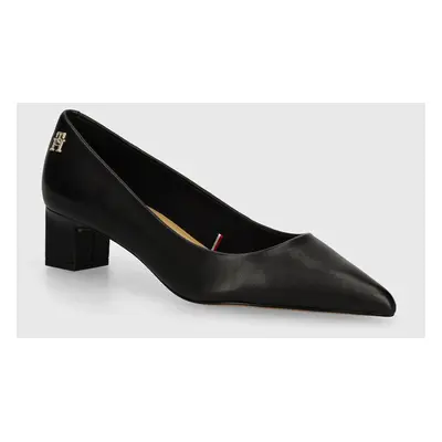 Kožené lodičky Tommy Hilfiger TH MID HEEL PUMP černá barva, na podpatku, FW0FW08204