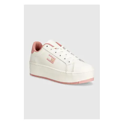 Kožené sneakers boty Tommy Jeans TJW FLATFORM ESS růžová barva, EN0EN02518