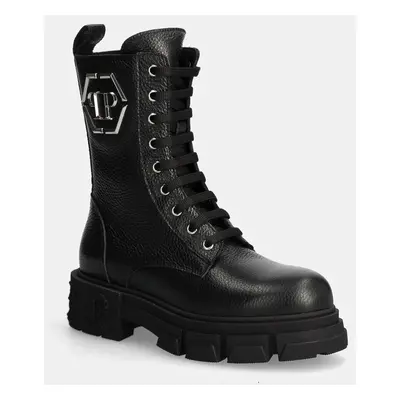 Kožené workery Philipp Plein Embossed Army Boot dámské, černá barva, na platformě, WSE0811 PLE01