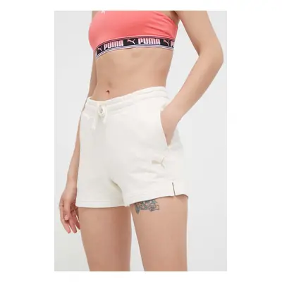 Bavlněné šortky Puma béžová barva, s potiskem, high waist