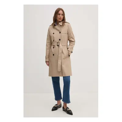 Trench kabát Tommy Hilfiger dámský, béžová barva, přechodný, dvouřadový, WW0WW42133