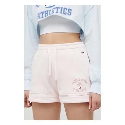 Bavlněné šortky Tommy Jeans růžová barva, s potiskem, high waist