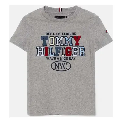 Dětské bavlněné tričko Tommy Hilfiger šedá barva, s aplikací, KB0KB08664