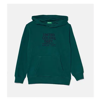 Dětská bavlněná mikina United Colors of Benetton zelená barva, s kapucí, vzorovaná, 3J68C203N