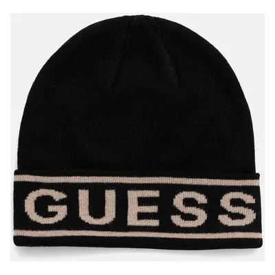 Čepice z vlněné směsi Guess LOGO BEANIE černá barva, z tenké pleteniny, M4BZ06.Z3H82