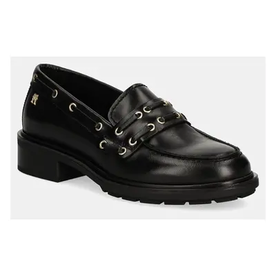 Kožené mokasíny Tommy Hilfiger NAUTICAL EYELETS LEATHER LOAFER dámské, černá barva, na platformě