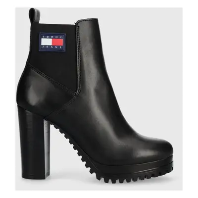 Kožené kotníkové boty Tommy Jeans TJW NEW ESS HIGH HEEL BOOT dámské, černá barva, na plochém pod