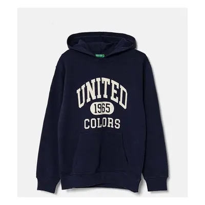 Dětská bavlněná mikina United Colors of Benetton tmavomodrá barva, s kapucí, vzorovaná, 3J68C203