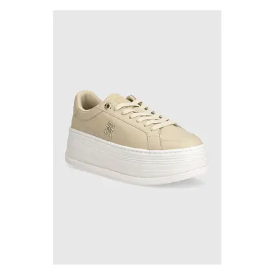 Kožené sneakers boty Tommy Hilfiger TH PLATFORM SNEAKER LTHR béžová barva, FW0FW08209