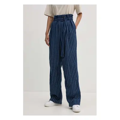 Lněné kalhoty Polo Ralph Lauren tmavomodrá barva, jednoduché, high waist, 211934938