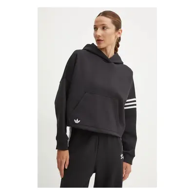 Mikina adidas Originals Neuclassics dámská, černá barva, s kapucí, hladká, IW5607