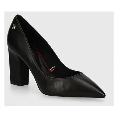 Kožené lodičky Tommy Hilfiger BLOCK HEEL POINTED PUMP LEATHER černá barva, na podpatku, FW0FW081