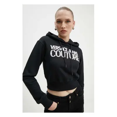 Bavlněná mikina Versace Jeans Couture dámská, černá barva, s kapucí, s aplikací, 77HAIE07 CF00E