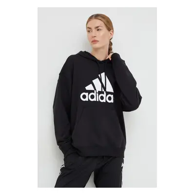 Bavlněná mikina adidas dámská, černá barva, s kapucí, s potiskem