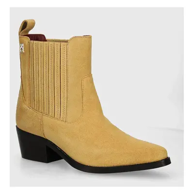 Semišové kotníkové boty Tommy Hilfiger TH SUEDE COWBOY BOOT dámské, béžová barva, na podpatku, F