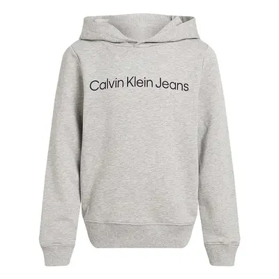 Dětská bavlněná mikina Calvin Klein Jeans šedá barva, s kapucí, s potiskem, IU0IU00601