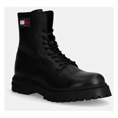 Kožené boty Tommy Jeans TJM LACE UP MID BOOT TUMBLED WL pánské, černá barva, EM0EM01470